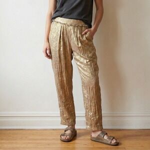 Raquel Allegra Metallic Pants Womens Small Gold Tan Elastic Waist Lagenlook Boho